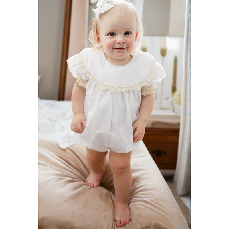 US Local Baby Girl White Lace Romper Soft & Stylish Short Sleeve Bubble Jumpsuit For Wedding Season & Summer