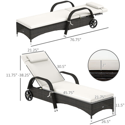 US Local Outdoor Chaise Lounge, 5-Level Adjustable Backrest Rattan Pool Lounge Chair With Wheels, Cushion & Headrest, Cream