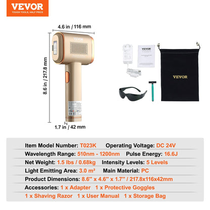 US Local VEVOR IPL Hair Removal, Permanent Hair Removal With Sapphire Ice Cooling System, Painless At-Home Hair Removal Device For Women Men, Auto Manual Modes, 5 Levels For Body & Face