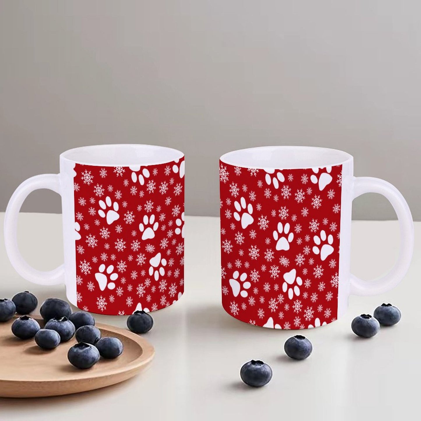 POD US Local White mug with full print, Christmas Snowflakes Cats Dogs Paws Red 0067