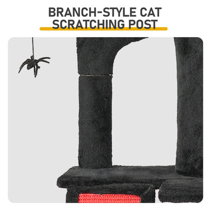 US Local Gothic Cat Tree, Halloween Cat Tower Cat Tree With Spacious Cat Condo, Brach Shaped Scratching Post, Scratching Ladder, Spider Toy For Indoor Cats, Red & Black