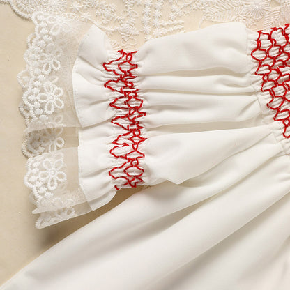 US Local Infant Baby Girl Valentines Day Dress Lace Short Sleeve Round Neck White With Red Embroidery Party Dress