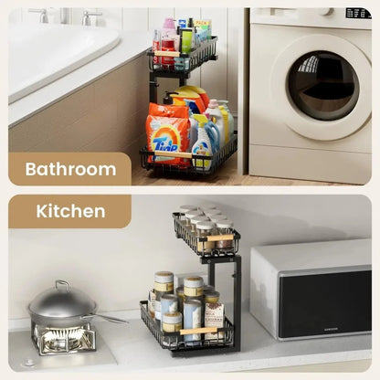 US Local 2 In Set Dish Drying Rack And Under Sink Organizer Rack, Large Dish Rack With Drainboard, 2 Tier Pull Out Cabinet Shelf For Kitchen Storage