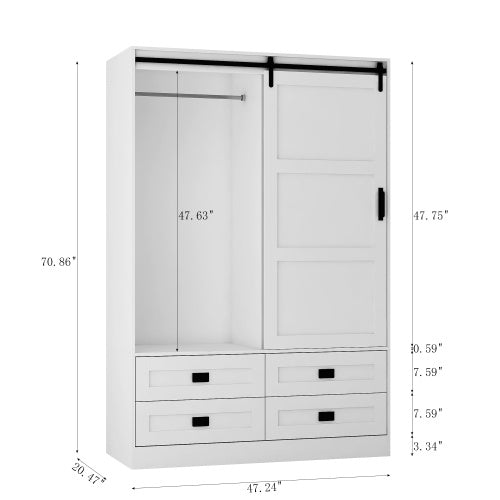 US Local Tall Bedroom Armoire Wardrobe Closet Clothing Storage Cabinet With Hanging Rod Barn Door Drawers Open Shelves