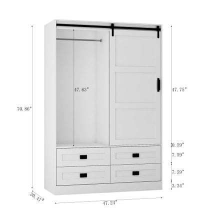 US Local Tall Bedroom Armoire Wardrobe Closet Clothing Storage Cabinet With Hanging Rod Barn Door Drawers Open Shelves