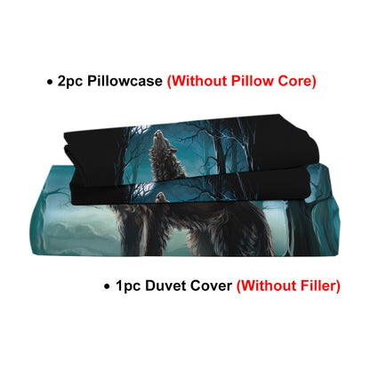 US Local Moon Wolf Bedding Green Watercolor Forest Wolf Landscape Duvet Cover Sets 3 Pieces Wild Animal Bedding Set Twin Full Queen King Size