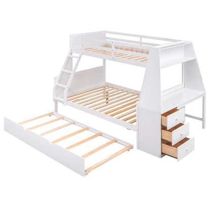 US Local Twin Full Bunk Bed W Trundle, Desk, 3 Drawers  Shelf - White