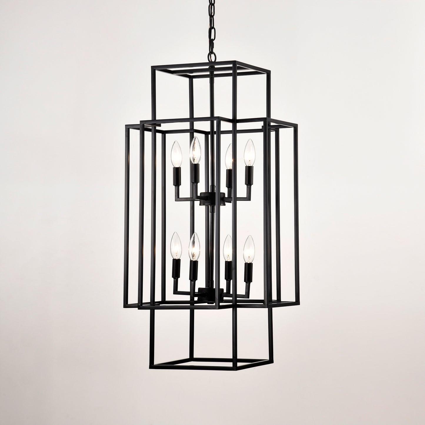 US Local 8-Light Metal Lantern Tiered Pendant Hanging Light Fixtures, Industrial Farmhouse Adjustable Height Chandeliers For Dining Room Hallway Foyer Entryway--Matte Black E12 Bulbs Not Included