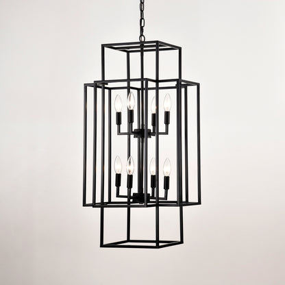 US Local 8-Light Metal Lantern Tiered Pendant Hanging Light Fixtures, Industrial Farmhouse Adjustable Height Chandeliers For Dining Room Hallway Foyer Entryway--Matte Black E12 Bulbs Not Included