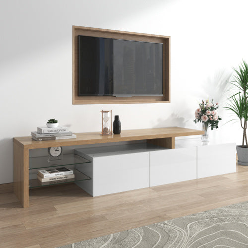 UK Local Modern TV Cabinet Design Stylish And Elegant, Practical Storage, High-gloss White, Wooden Look, Glass Shelves, LED Lighting