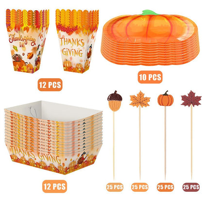 134 Pcs Thanksgiving Party Tableware Set Include Pumpkin Paper Plates Popcorn Boxes Food Trays With Fall Cocktail Picks Disposable Fall Harvest Dinnerware Set For Autumn Holiday Thanksgiving