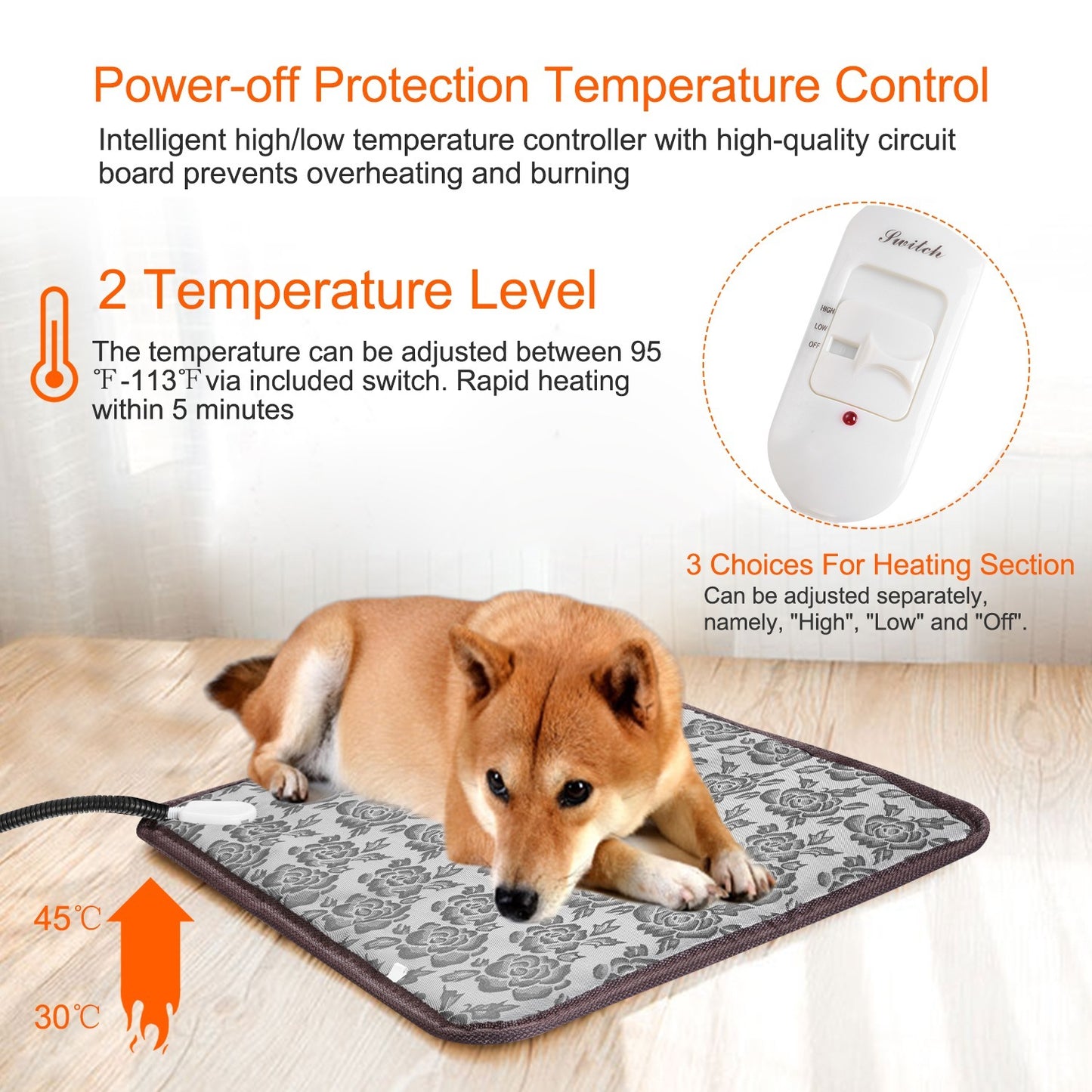 US Local 1 Pc Pet Heating Pad Dog Cat Electric Heating Mat Waterproof Adjustable Warming Blanket With Chew Resistant Steel Cord Case