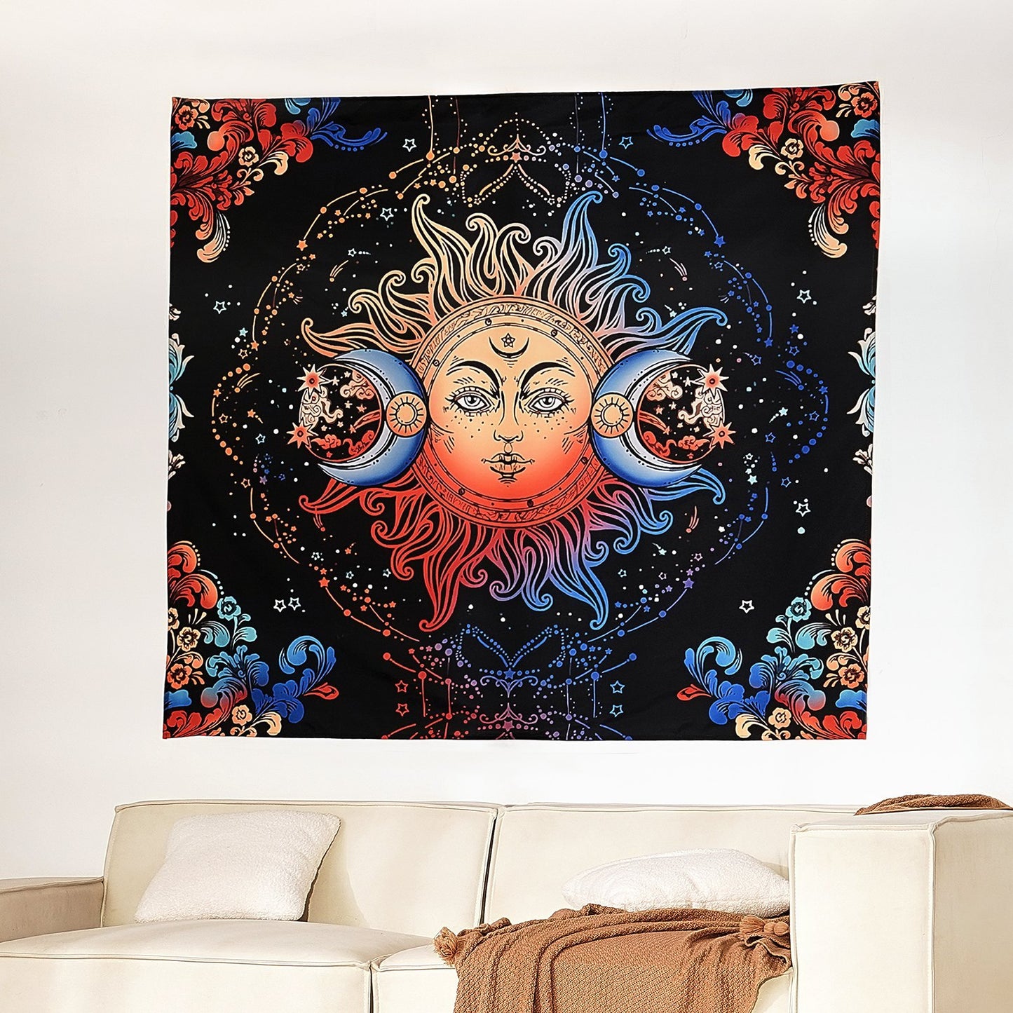 US Local Sun And Moon Tapestry Psychedelic Mystic Floral Aesthetic Vintage Tapestry