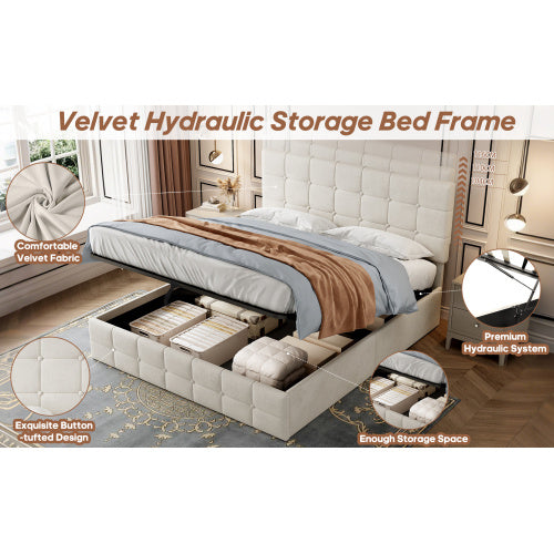 UK Local 4ft6 Double Upholstered Storage Bed Frame, Velvet Ottoman Bed With Hydraulic Storage, Double Bed With Adjustable Button Tufted Headboard, Metal-Wood Support, No Mattress, Beige