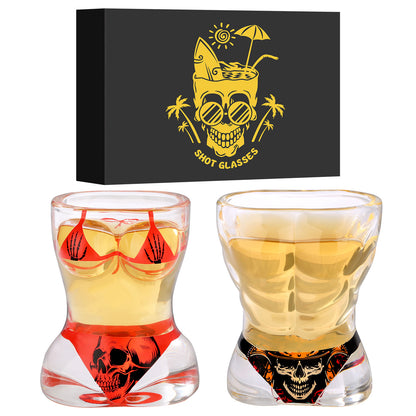 US Local 2 Pieces, Black Muscle Men's And Red Bikini Skull Style Glass Small Wine Glasses Bar Tools Christmas Gift, Halloween Gift, Birthday Gift, Company Party Gift, Universal Gift