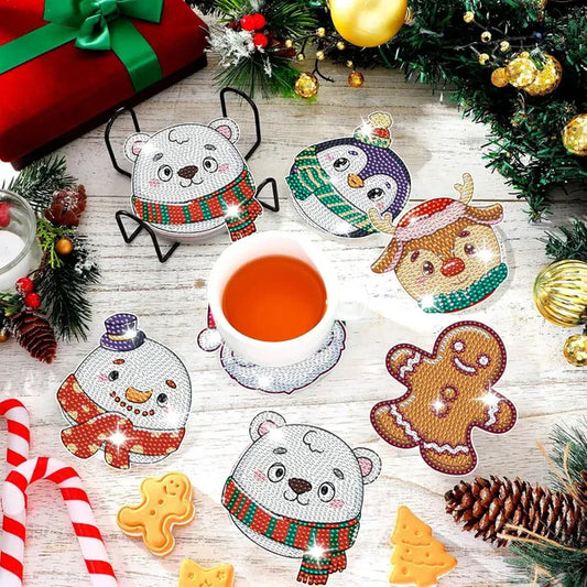 US Local 6 Packs Christmas Rhinestones Art Coasters With Holder Snowman Gingerbread Man Penguin Santa Claus Pattern Gift Non Slip Acrylic Cup Coaster 5D DIY Full Drill Rhinestones Dots Art