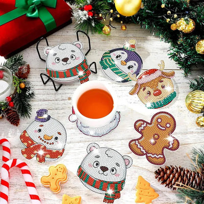 US Local 6 Packs Christmas Rhinestones Art Coasters With Holder Snowman Gingerbread Man Penguin Santa Claus Pattern Gift Non Slip Acrylic Cup Coaster 5D DIY Full Drill Rhinestones Dots Art