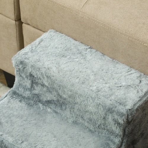 UK Local PawHut Three-Step Dog Stairs, With Washable Plush Cover, For High Bed Sofa, Dog Stairs For Small Dog And Cat - Light Grey