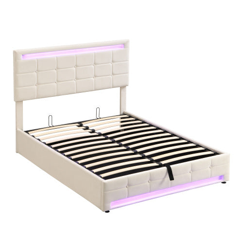 UK Local Upholstered Bed, Hydraulic Bed, Adults Teenagers 4ft6 Double Bed 135x190cm, Square Embellishment, With 7colors LED-light Strips, Velvet Iron, Beige