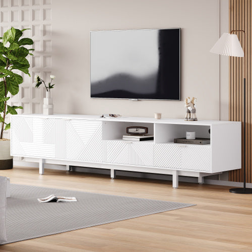 UK Local Modern Bohemian TV Cabinet, White Geometric Lines TV Stand, TV Entertainment Center With Storage Space, 200X40X51 Cm, Modern TV Stand For 90 Inch TVs, Console Media Cabinet For Living Room