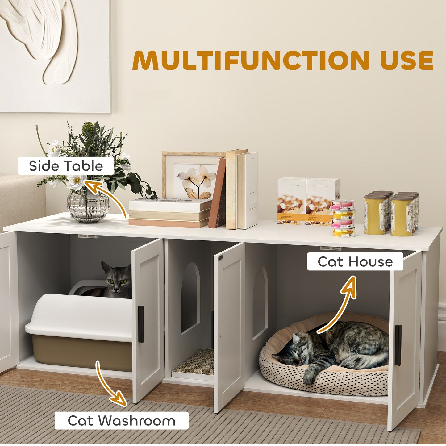 US Local Cat Litter Box Enclosure With Double Room, Scratching Mat For 2 Cats, 57 X 19 X 20, White