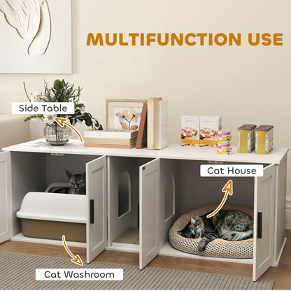 US Local Cat Litter Box Enclosure With Double Room, Scratching Mat For 2 Cats, 57 X 19 X 20, White