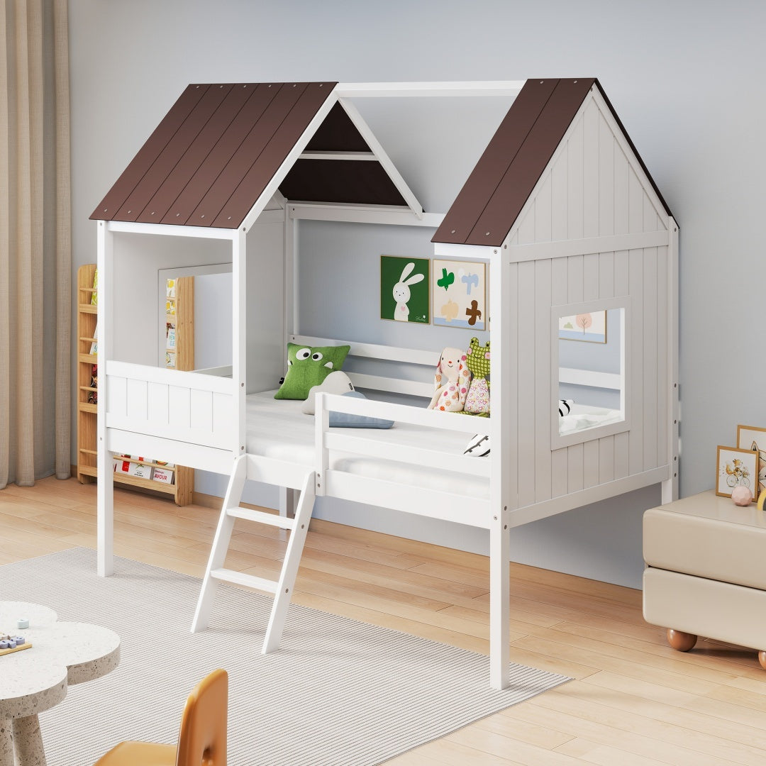 US Local Wooden Toddler Floor Bed With Window, Detachable Roof, 2-Step Ladder & Safety Guardrail, Montessori Kids Loft Bed---A-B Combo Sale, Please Do Not Purchase Individually