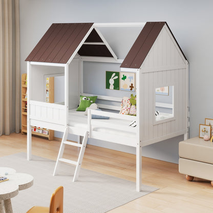 US Local Wooden Toddler Floor Bed With Window, Detachable Roof, 2-Step Ladder & Safety Guardrail, Montessori Kids Loft Bed---A-B Combo Sale, Please Do Not Purchase Individually