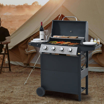 US Local Propane Gas Grill 4 Burner Barbecue Grill, Stainless Steel 34,000 BTU Patio Garden Barbecue Grill With Two Shelves, Lid, Wheels And Bottle Opener