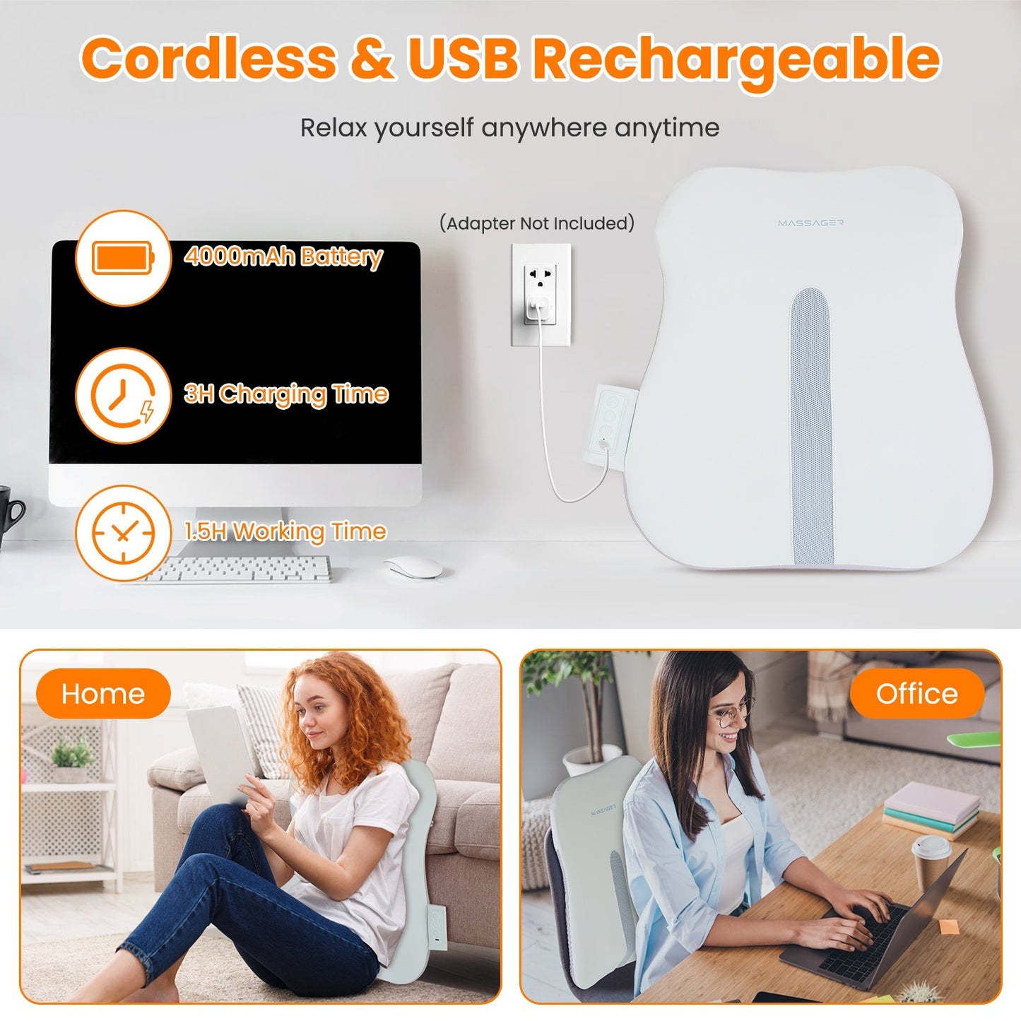 US Local 1 Set  Shiatsu Back Massager 3D Deep Tissue Kneading Massage Pillow Cordless USB Rechargeable With 3 Massaging Modes 2 Heating Levels 10Mins Auto-Off For Back Shoulder Waist Lumbar No Chair