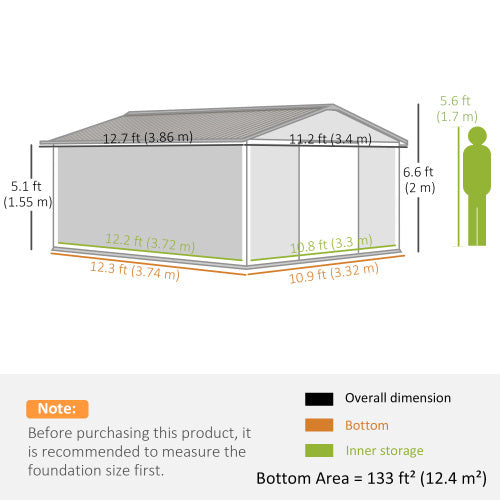 UK Local Outsunny 13 X 11ft Large Garden Shed, Mental Garden Storage Shed With Foundation Kit Ventilation & Doors, Light Grey