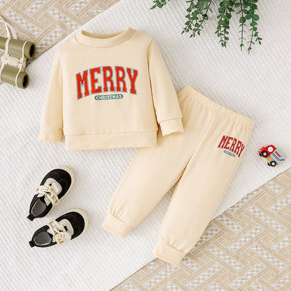 US Local Baby Girls 2Pcs Christmas Outfits MERRY Christmas Letter Print Round Neck Long Sleeve Sweatshirt & Pants Set