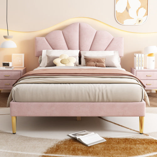 UK Local Velvet Upholstered Bed,King Size Bed-5ft 150x200cm  Shell-like Bed With Golden Iron Legs, Height-adjustable Headboard, Wooden Slatted Frame