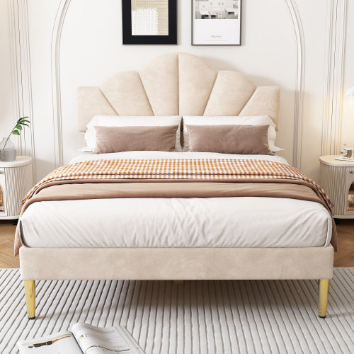 UK Local Velvet Upholstered Bed,Double Bed-4ft6 135x190cm, Shell-like Bed With Golden Iron Legs, Height-adjustable Headboard, Wooden Slatted Frame, Beige