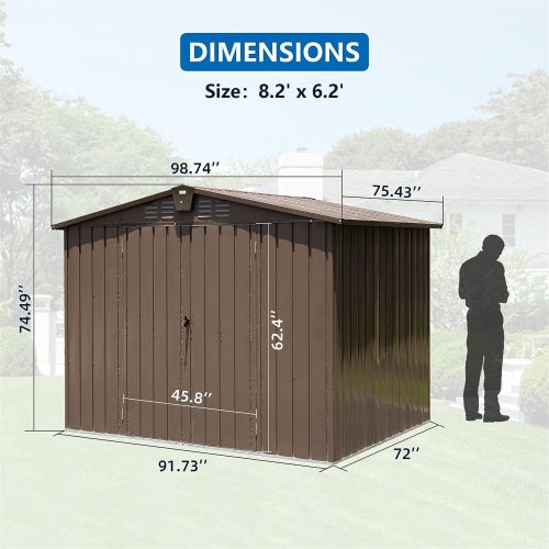 Outdoor Storage Shed 8.2' X 6.2', Metal Steel Utility Tool Shed Storage House With Double Lockable Doors &Air Vents For Backyard Patio Garden Lawn Brown