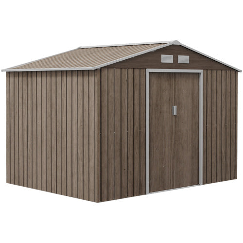 UK Local Outsunny 9 X 6ft Steel Garden Shed, Outdoor Storage Tool House With Vents, Foundation And Lockable Double Doors, Brown