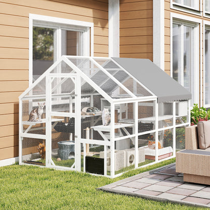 US Local Wooden Catio Outdoor Cat Enclosure With Waterproof Cover, 2 Condos, 6 Platforms, Bridge, Doors, White