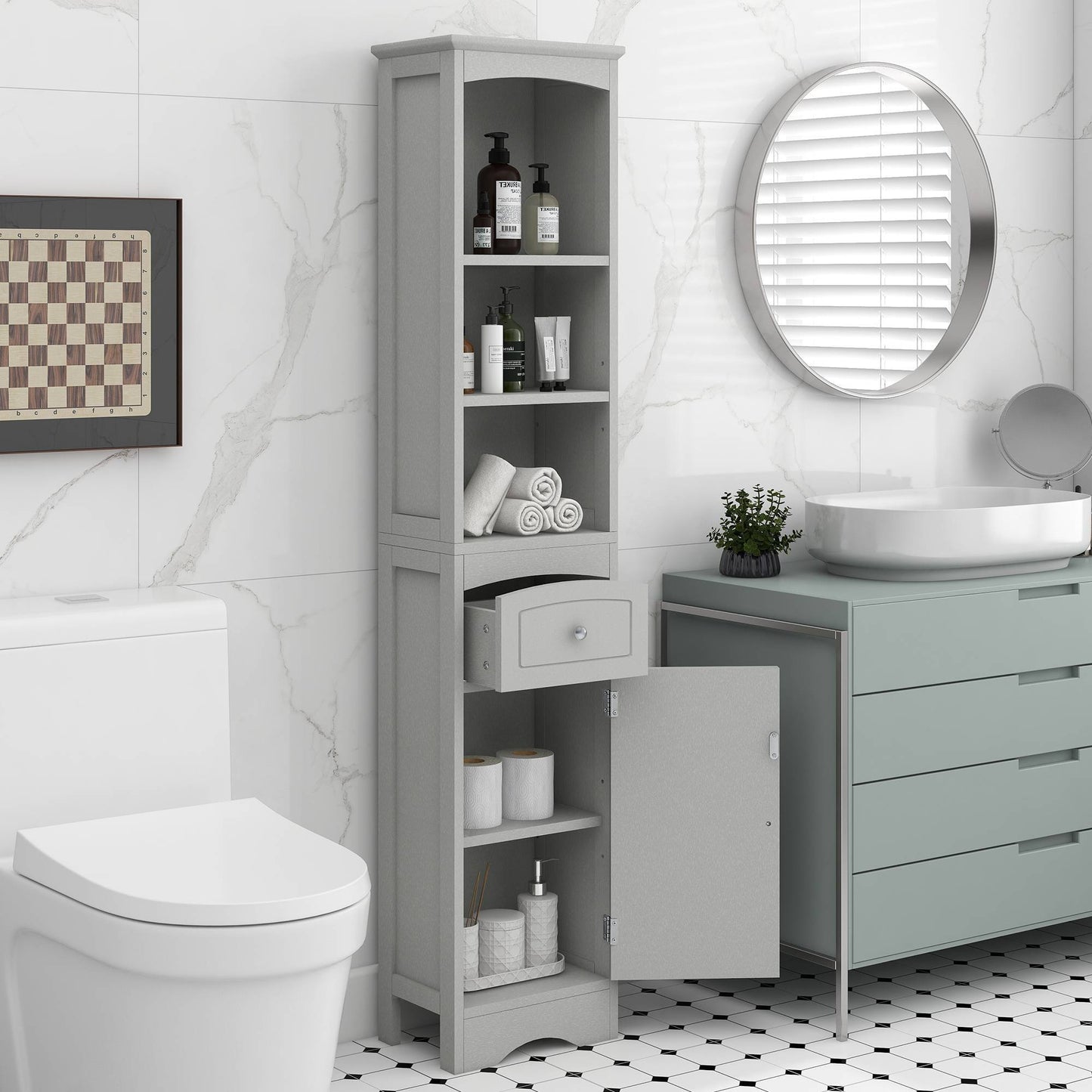 US Local Tall Bathroom Cabinet Storage Cabinet With Drawer Adjustable Shelf
