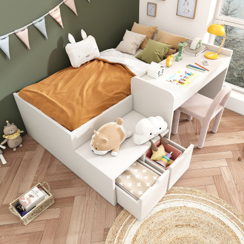 UK Local Kids Single Bed With Desk And Drawers, 90 X190 Cm, White, 3ft Kids Wooden Bed With Storage, Single Bed With Slatted Frame, Lying Surface For Teenagers & Adults