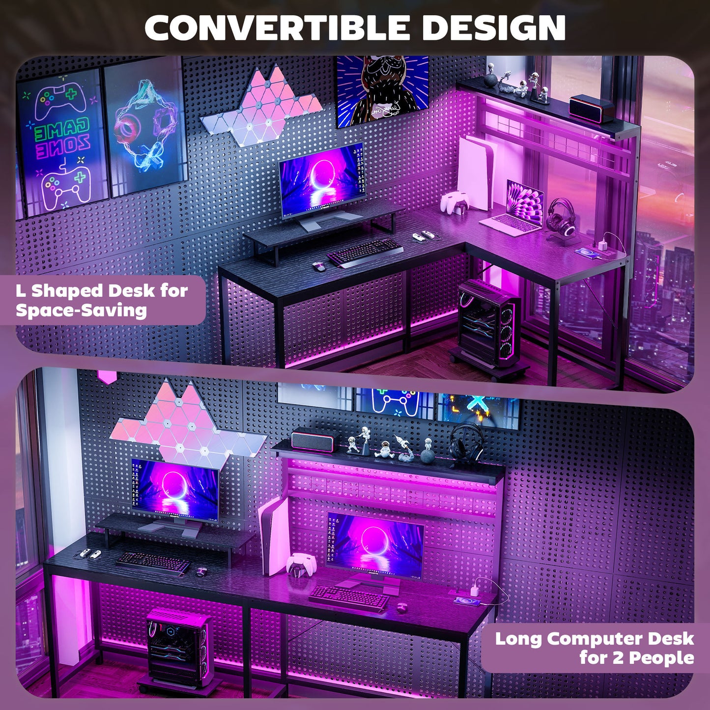 US Local 61.6 L Shaped Gaming Desk With Power Outlets & LED Lights, Computer Desk With Monitor Stand And CPU Shelf, Black