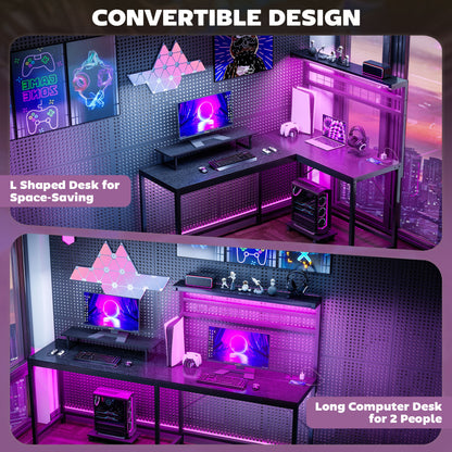US Local 61.6 L Shaped Gaming Desk With Power Outlets & LED Lights, Computer Desk With Monitor Stand And CPU Shelf, Black