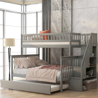 US Local Twin Over Full Bunk Bed With Trundle And Staircase,Gray