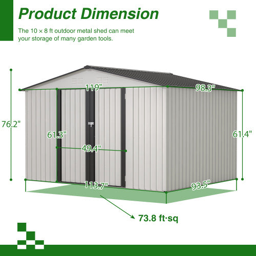 10X8 FT Outdoor Storage Shed, All Weather Metal Sheds With Lockable Doors, Tool Shed For Garden, Patio, Backyard, Lawn, Grey