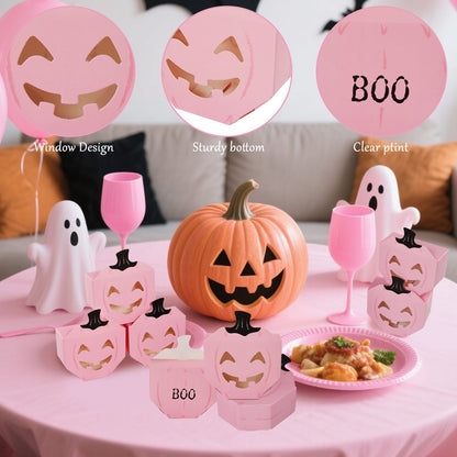 US Local 10 Pcs Halloween Pink Pumpkin Gift Boxes Unique Candy Boxes With Hollow Scary Smiley Face Window Trick Or Treat Candy Goodie Bags For Halloween Birthday Party Haunted House Table Decoration