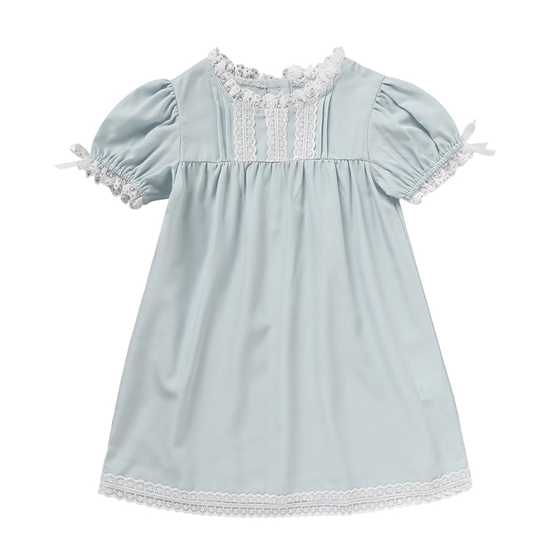 US Local Toddler Girls Dress, Summer Lace Trim Puff Short Sleeves Crew Neck Princess Party Dress