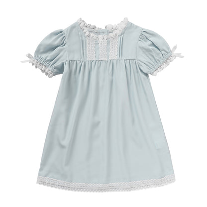 US Local Toddler Girls Dress, Summer Lace Trim Puff Short Sleeves Crew Neck Princess Party Dress