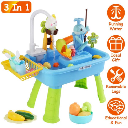 US Local 3 In 1 Kitchen Sink Toy With Electric Faucet Water Table Fishing Game Role Play Sink Set Indoor Outdoor For Kids Aged 3+ Years Old GPCT5464
