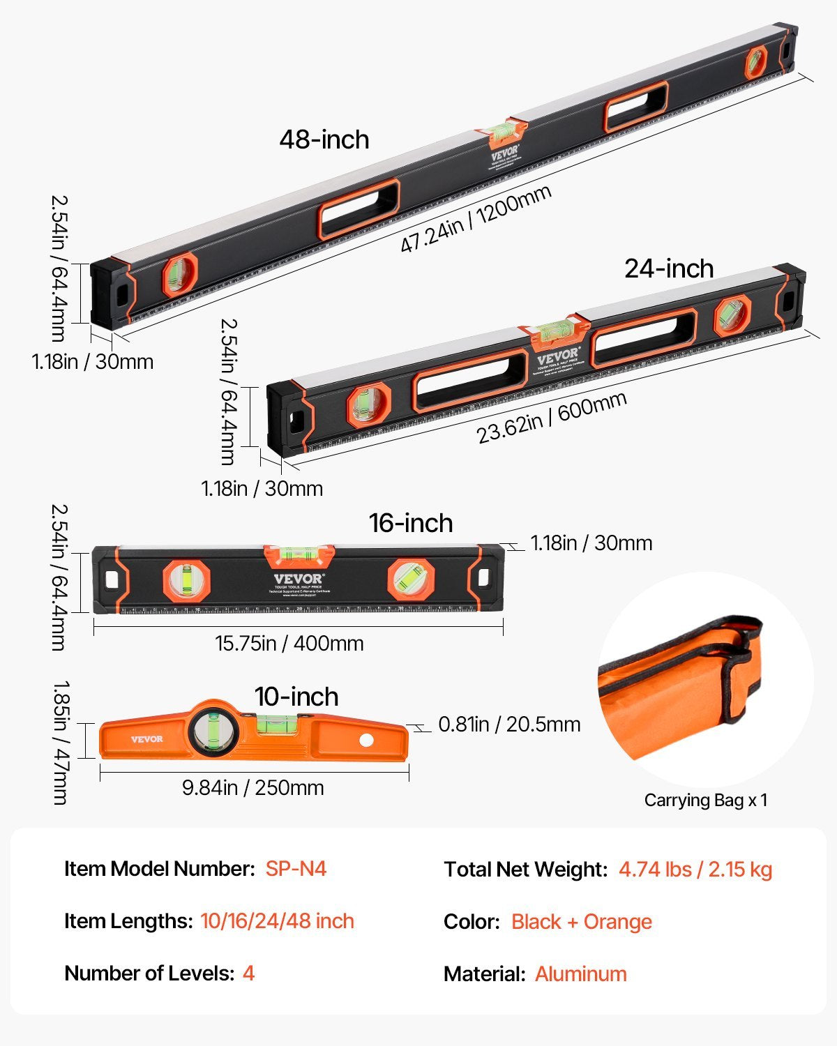 US Local 4-Piece Torpedo Level 48 24 16 10 Inch Aluminum Alloy Body With Bubble Vials