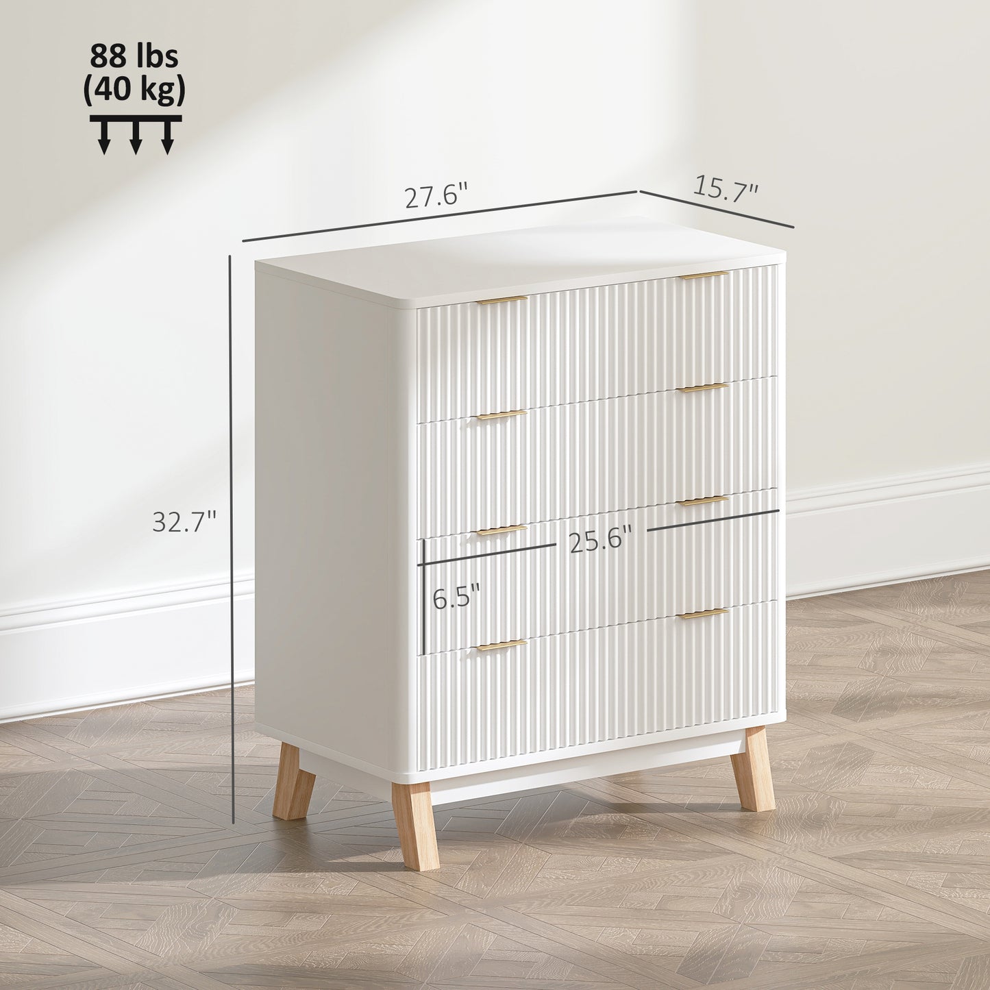 US Local 4 Drawer Double Dresser For Bedroom, Fluted Chest Of Drawers With Gold Finger Pulls And 4 Wood Legs, White