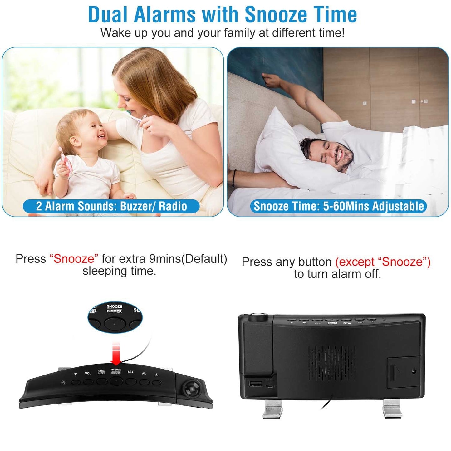 US Local 1 Pc Projection Alarm Clock With Radio Function Curved Screen LED Digital Alarm Clock With Dual Alarms 4 Dimmer 12-24 Hour USB Charging Port 180Degree Rotatable Projection